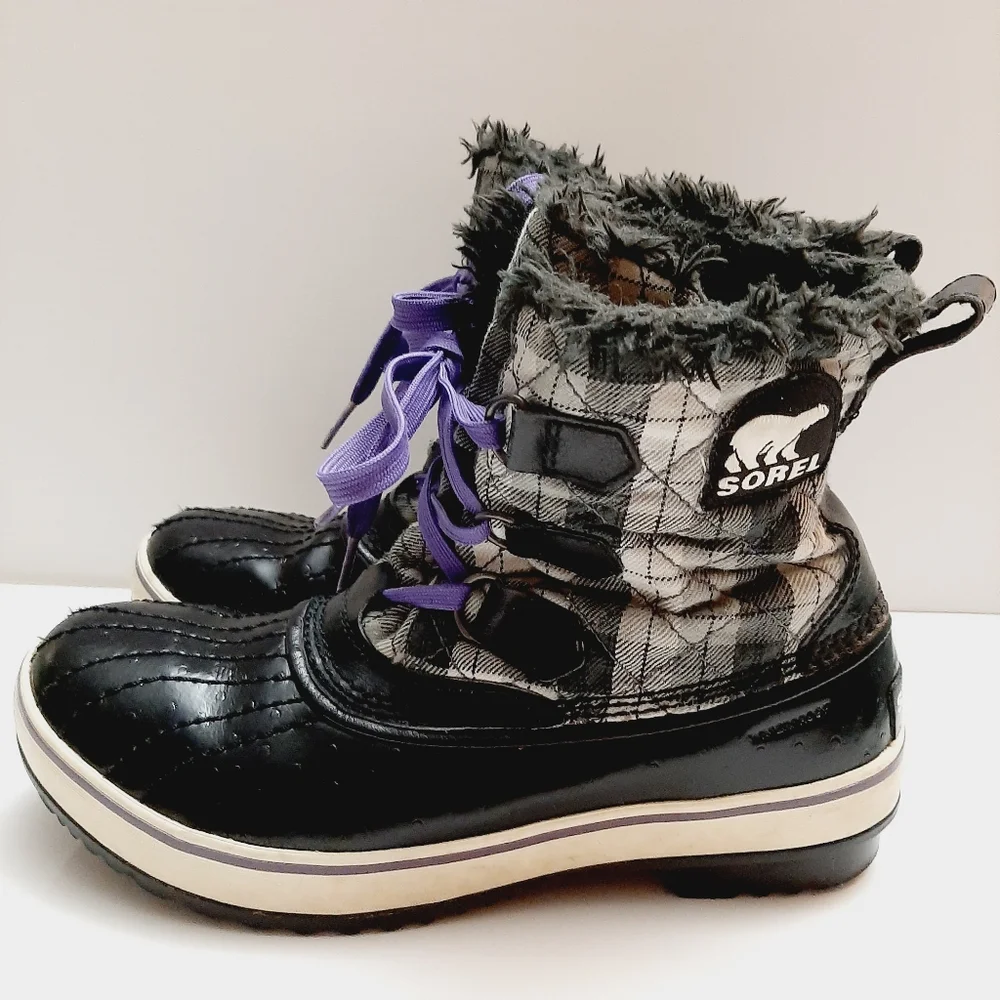 SOREL Tivoli II Plaid Short Lace-Up Snow Winter Boots Waterproof B&W Sz 8 Flawed - Picture 6 of 14